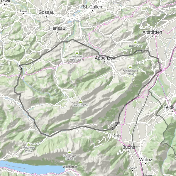Kartminiatyr av "Utfordrende tur gjennom Appenzell og Hundwil" sykkelinspirasjon i Ostschweiz, Switzerland. Generert av Tarmacs.app sykkelrutoplanlegger