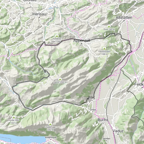 Map miniature of "Gams - Starkenbach - Schwägalp - Appenzell - Blattenberg - Sennwald" cycling inspiration in Ostschweiz, Switzerland. Generated by Tarmacs.app cycling route planner