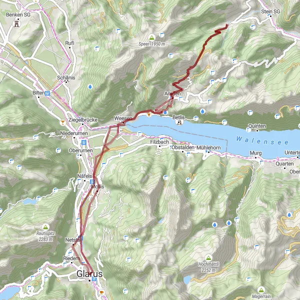 Miniatura della mappa di ispirazione al ciclismo "Glarus - Netstal - Amden - Schweizer Familie Feuerstelle, Hintere Höhe - Weesen - Mollis" nella regione di Ostschweiz, Switzerland. Generata da Tarmacs.app, pianificatore di rotte ciclistiche