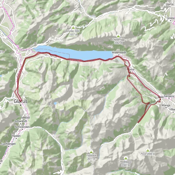 Mapa miniatúra "Okolo Filzbachu a Walensee" cyklistická inšpirácia v Ostschweiz, Switzerland. Vygenerované cyklistickým plánovačom trás Tarmacs.app