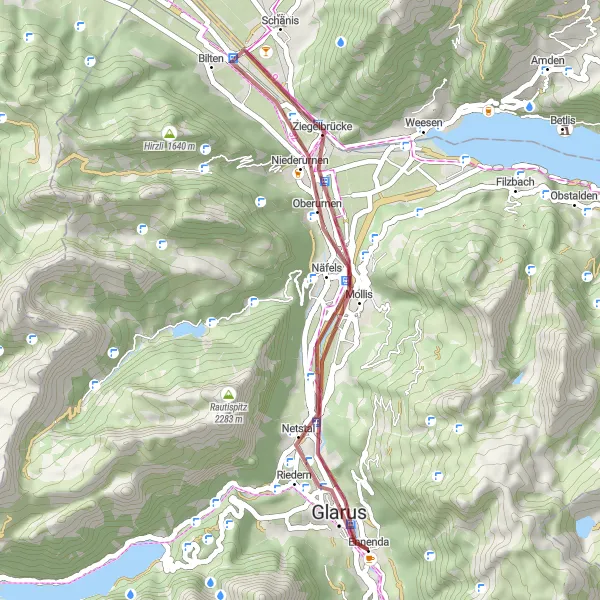 Mapa miniatúra "Gravel trail to Mollis and Biberlichopf" cyklistická inšpirácia v Ostschweiz, Switzerland. Vygenerované cyklistickým plánovačom trás Tarmacs.app