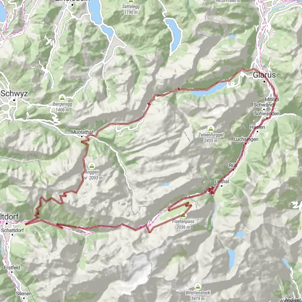 Miniature de la carte de l'inspiration cycliste "Aventure alpine à Glarus" dans la Ostschweiz, Switzerland. Générée par le planificateur d'itinéraire cycliste Tarmacs.app