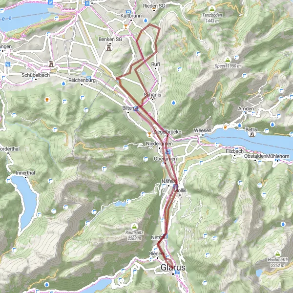 Miniature de la carte de l'inspiration cycliste "Parcours gravel vers Ziegelbrücke et Riedern" dans la Ostschweiz, Switzerland. Générée par le planificateur d'itinéraire cycliste Tarmacs.app