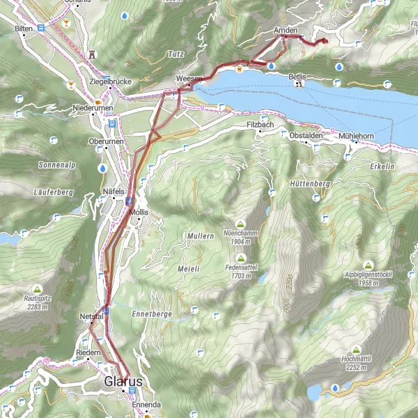 Map miniature of "The Glarus Gravel Escape" cycling inspiration in Ostschweiz, Switzerland. Generated by Tarmacs.app cycling route planner