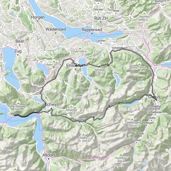 Miniatua del mapa de inspiración ciclista "Ruta en Carretera Glarus - Einsiedeln - Schübelbach" en Ostschweiz, Switzerland. Generado por Tarmacs.app planificador de rutas ciclistas