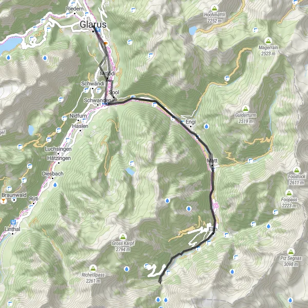 Miniaturekort af cykelinspirationen "Vejcykelrute til Elm og Matt" i Ostschweiz, Switzerland. Genereret af Tarmacs.app cykelruteplanlægger