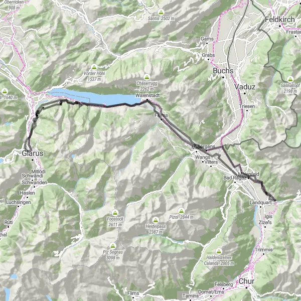 Miniatuurkaart van de fietsinspiratie "Glarus - Bad Ragaz Route" in Ostschweiz, Switzerland. Gemaakt door de Tarmacs.app fietsrouteplanner
