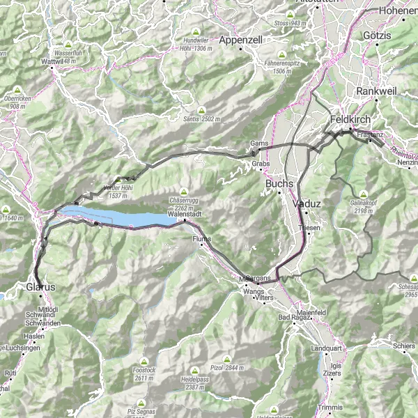 Miniatua del mapa de inspiración ciclista "Ruta panorámica de Glarus a Sargans y Walenstadt" en Ostschweiz, Switzerland. Generado por Tarmacs.app planificador de rutas ciclistas
