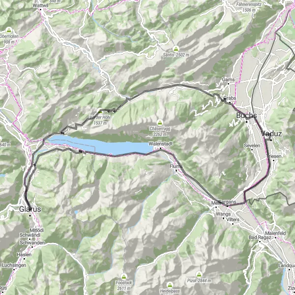 Miniatua del mapa de inspiración ciclista "Ruta de ciclismo en carretera Glarus-Weesen-Buchs-Flums-Mühlehorn" en Ostschweiz, Switzerland. Generado por Tarmacs.app planificador de rutas ciclistas