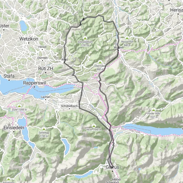 Miniatua del mapa de inspiración ciclista "Ruta de ciclismo de carretera desde Glarus" en Ostschweiz, Switzerland. Generado por Tarmacs.app planificador de rutas ciclistas