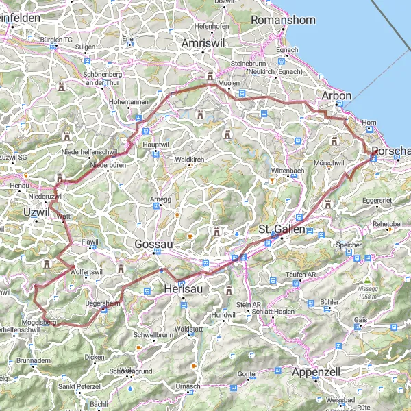 Miniatua del mapa de inspiración ciclista "Ruta de ciclismo de grava Goldach-Tübach" en Ostschweiz, Switzerland. Generado por Tarmacs.app planificador de rutas ciclistas