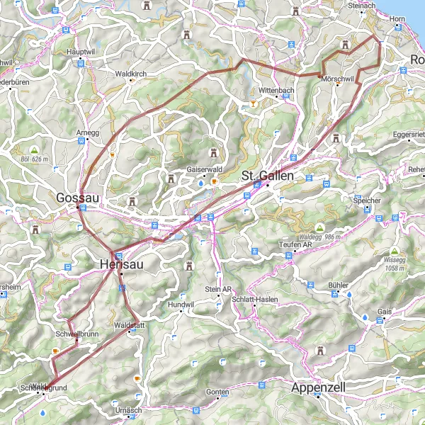 Miniatura della mappa di ispirazione al ciclismo "Gravel Mörschwil and St. Gallen Loop" nella regione di Ostschweiz, Switzerland. Generata da Tarmacs.app, pianificatore di rotte ciclistiche