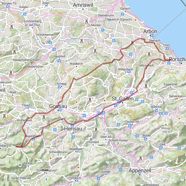 Miniatura della mappa di ispirazione al ciclismo "Tour dei Villaggi del Canton San Gallo" nella regione di Ostschweiz, Switzerland. Generata da Tarmacs.app, pianificatore di rotte ciclistiche