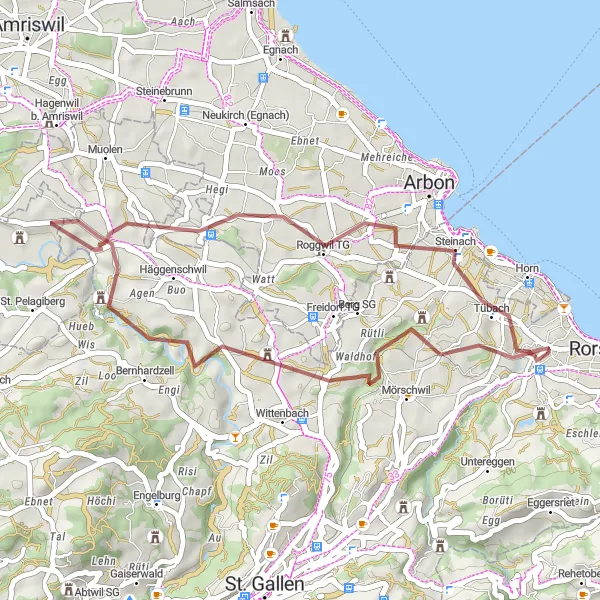 Miniatua del mapa de inspiración ciclista "Ruta en bicicleta de grava por Mörschwil y Steinach" en Ostschweiz, Switzerland. Generado por Tarmacs.app planificador de rutas ciclistas