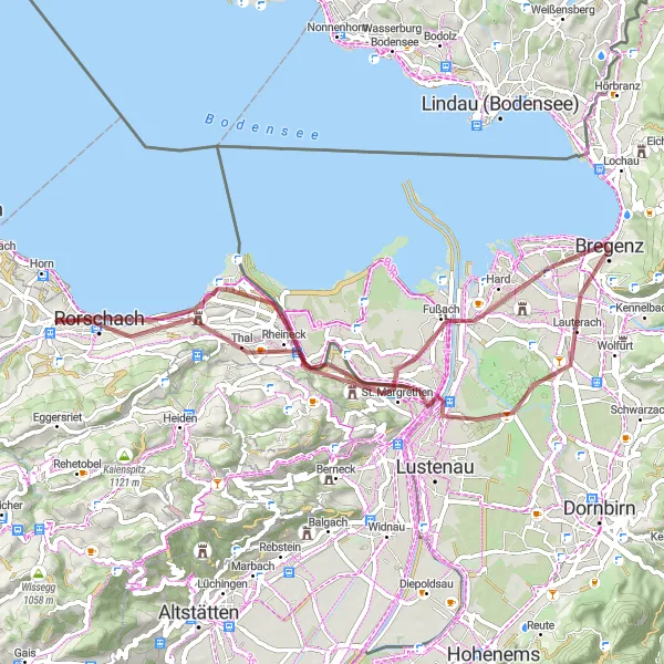 Miniatua del mapa de inspiración ciclista "Recorrido en bicicleta de grava por Rorschach y Bregenz" en Ostschweiz, Switzerland. Generado por Tarmacs.app planificador de rutas ciclistas