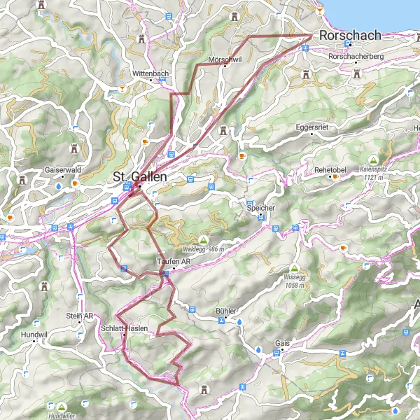 Miniatura mapy "Trasa gravelowa przez St. Gallen i Schloss Sulzberg" - trasy rowerowej w Ostschweiz, Switzerland. Wygenerowane przez planer tras rowerowych Tarmacs.app