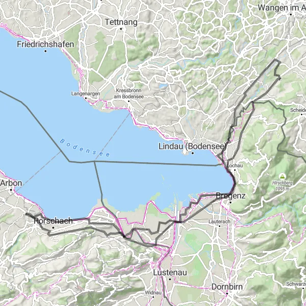 Miniature de la carte de l'inspiration cycliste "Tour du lac de Constance" dans la Ostschweiz, Switzerland. Générée par le planificateur d'itinéraire cycliste Tarmacs.app