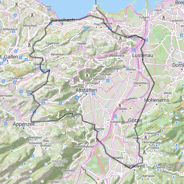Map miniature of "Rheineck Road Adventure" cycling inspiration in Ostschweiz, Switzerland. Generated by Tarmacs.app cycling route planner