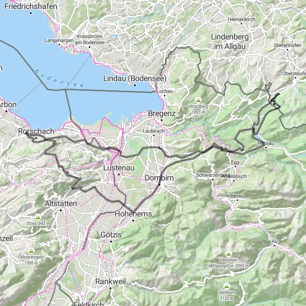 Zemljevid v pomanjšavi "Cestna kolesarska pot skozi tri države" kolesarske inspiracije v Ostschweiz, Switzerland. Generirano z načrtovalcem kolesarskih poti Tarmacs.app