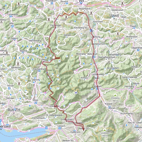 Miniaturekort af cykelinspirationen "Grusvejscykelrute til Fischingen og Lichtensteig" i Ostschweiz, Switzerland. Genereret af Tarmacs.app cykelruteplanlægger