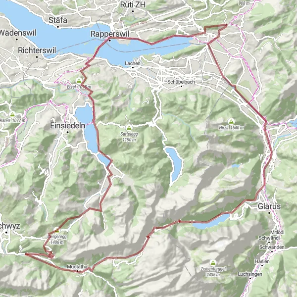 Mapa miniatúra "Náročná gravelová trasa na 124 km s 3011 m prevýšením" cyklistická inšpirácia v Ostschweiz, Switzerland. Vygenerované cyklistickým plánovačom trás Tarmacs.app