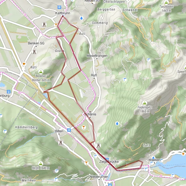 Mapa miniatúra "Gravel cyklotúra cez Schänis a Weesen" cyklistická inšpirácia v Ostschweiz, Switzerland. Vygenerované cyklistickým plánovačom trás Tarmacs.app