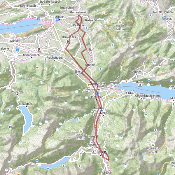 Miniatura della mappa di ispirazione al ciclismo "Mountain Biking Adventure - Benkner Büchel to Biberlichopf" nella regione di Ostschweiz, Switzerland. Generata da Tarmacs.app, pianificatore di rotte ciclistiche