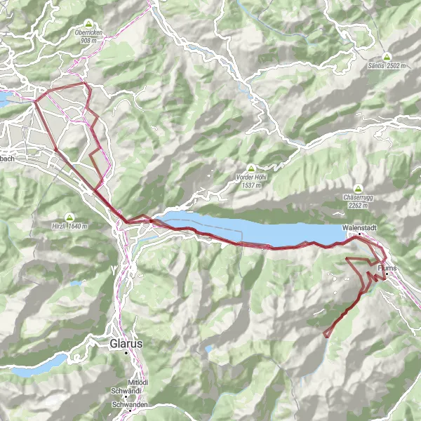 Mapa miniatúra "Gravel cyklotúra okolo Walensee" cyklistická inšpirácia v Ostschweiz, Switzerland. Vygenerované cyklistickým plánovačom trás Tarmacs.app
