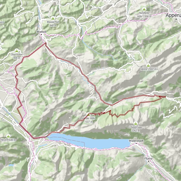 Kartminiatyr av "Eventyrlige Churfirsten og Amden Opplevelse" sykkelinspirasjon i Ostschweiz, Switzerland. Generert av Tarmacs.app sykkelrutoplanlegger