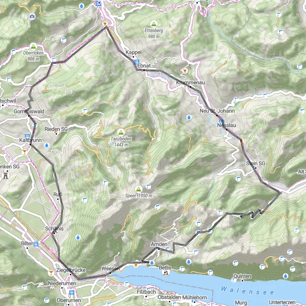 Kartminiatyr av "Oppdag Stein SG og Amden på denne landeveisturen" sykkelinspirasjon i Ostschweiz, Switzerland. Generert av Tarmacs.app sykkelrutoplanlegger