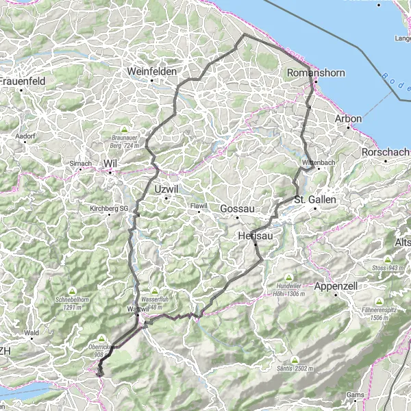Zemljevid v pomanjšavi "Zapeljive kolesarske poti skozi pokrajino Ostschweiza" kolesarske inspiracije v Ostschweiz, Switzerland. Generirano z načrtovalcem kolesarskih poti Tarmacs.app