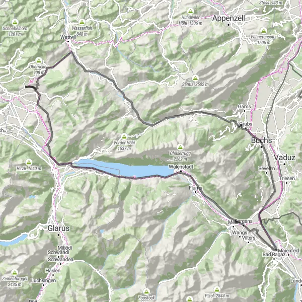 Zemljevid v pomanjšavi "Epska kolesarska avantura skozi Ostschweiz" kolesarske inspiracije v Ostschweiz, Switzerland. Generirano z načrtovalcem kolesarskih poti Tarmacs.app