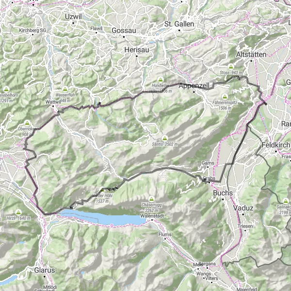 Zemljevid v pomanjšavi "Ultimativna kolesarska potepanja po Ostschweizu" kolesarske inspiracije v Ostschweiz, Switzerland. Generirano z načrtovalcem kolesarskih poti Tarmacs.app