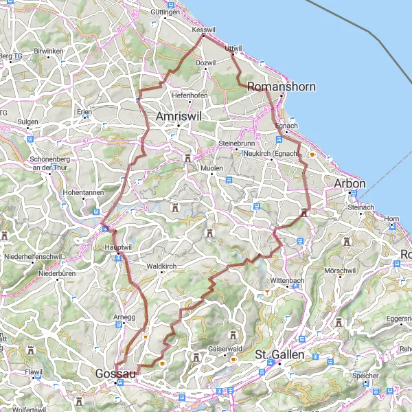 Mapa miniatúra "Gravel route through Hauptwil and Roggwil TG" cyklistická inšpirácia v Ostschweiz, Switzerland. Vygenerované cyklistickým plánovačom trás Tarmacs.app