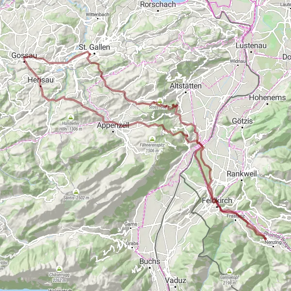 Kartminiatyr av "Grusvei utforsking fra Gossau" sykkelinspirasjon i Ostschweiz, Switzerland. Generert av Tarmacs.app sykkelrutoplanlegger