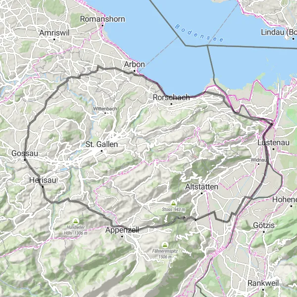 Miniatura della mappa di ispirazione al ciclismo "Gossau - Beobachtungsturm Spitzmäder" nella regione di Ostschweiz, Switzerland. Generata da Tarmacs.app, pianificatore di rotte ciclistiche