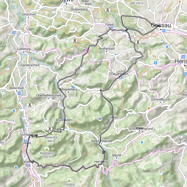 Zemljevid v pomanjšavi "Road Cycling Adventure near Gossau" kolesarske inspiracije v Ostschweiz, Switzerland. Generirano z načrtovalcem kolesarskih poti Tarmacs.app