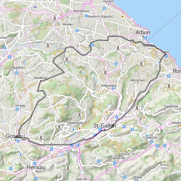 Mapa miniatúra "Road cycling adventure near Gossau" cyklistická inšpirácia v Ostschweiz, Switzerland. Vygenerované cyklistickým plánovačom trás Tarmacs.app
