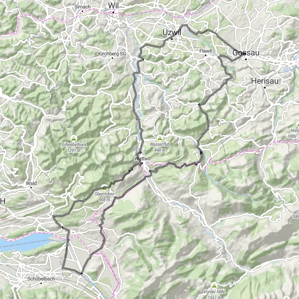 Karttaminiaatyyri "Gossau - Ulisbach - Vogelsberg Loop" pyöräilyinspiraatiosta alueella Ostschweiz, Switzerland. Luotu Tarmacs.app pyöräilyreittisuunnittelijalla