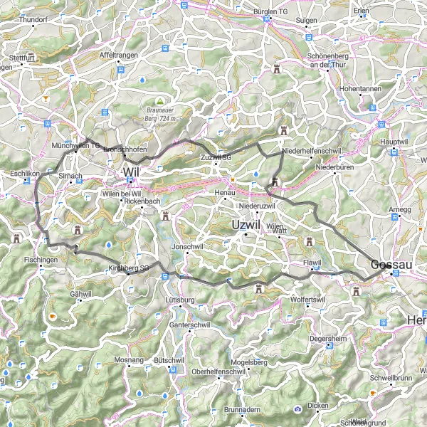 Map miniature of "The Winzenberg Loop" cycling inspiration in Ostschweiz, Switzerland. Generated by Tarmacs.app cycling route planner