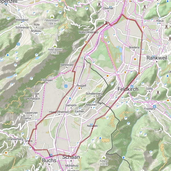 Zemljevid v pomanjšavi "Gorsko kolesarstvo v regiji Ostschweiz" kolesarske inspiracije v Ostschweiz, Switzerland. Generirano z načrtovalcem kolesarskih poti Tarmacs.app