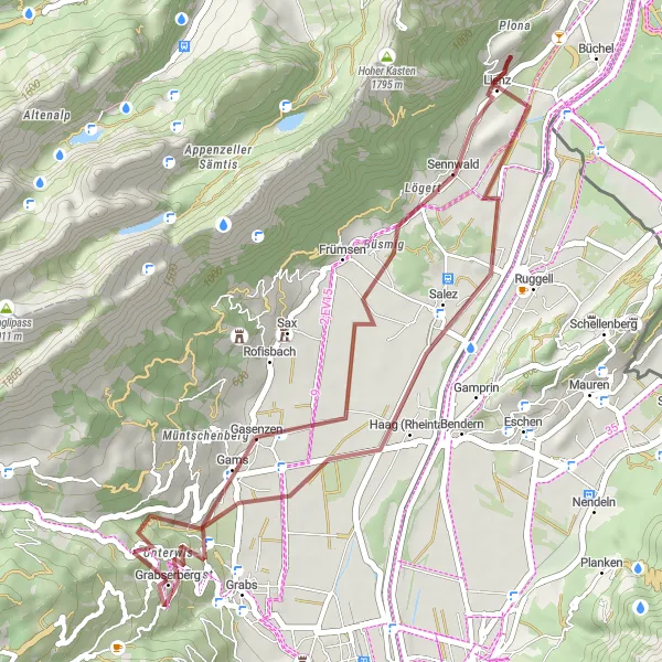 Miniatua del mapa de inspiración ciclista "Ruta de ciclismo de aventura en grava desde Grabs a Gams" en Ostschweiz, Switzerland. Generado por Tarmacs.app planificador de rutas ciclistas