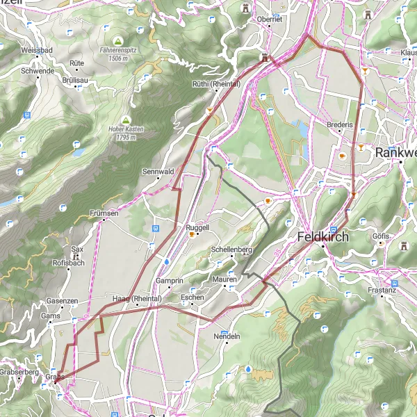 Miniaturní mapa "Cyklotrasa Grabs - Sennwald - Bergli - Ardetzenberg - Schloss Amberg - Eschen - Grabs" inspirace pro cyklisty v oblasti Ostschweiz, Switzerland. Vytvořeno pomocí plánovače tras Tarmacs.app