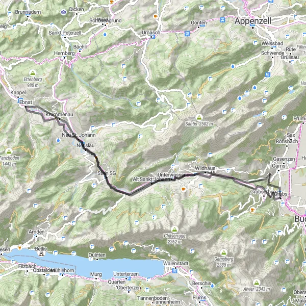 Miniatua del mapa de inspiración ciclista "Aventura en bicicleta por la región montañosa desde Grabs a Alt Sankt Johann" en Ostschweiz, Switzerland. Generado por Tarmacs.app planificador de rutas ciclistas