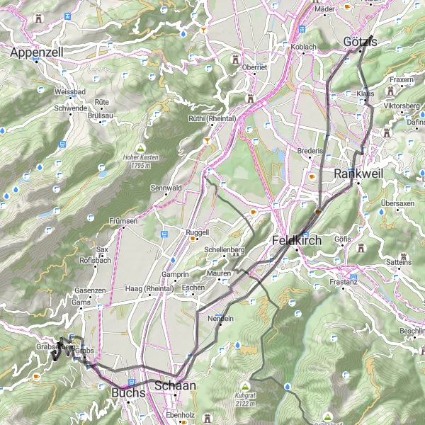 Miniatua del mapa de inspiración ciclista "Ruta de ciclismo por carretera desde Grabs a Liechtenstein" en Ostschweiz, Switzerland. Generado por Tarmacs.app planificador de rutas ciclistas