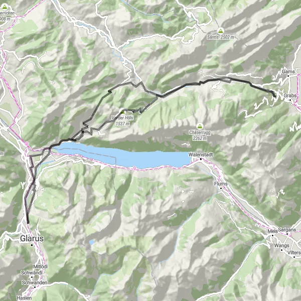 Miniatua del mapa de inspiración ciclista "Ruta panorámica en carretera cerca de Grabs" en Ostschweiz, Switzerland. Generado por Tarmacs.app planificador de rutas ciclistas