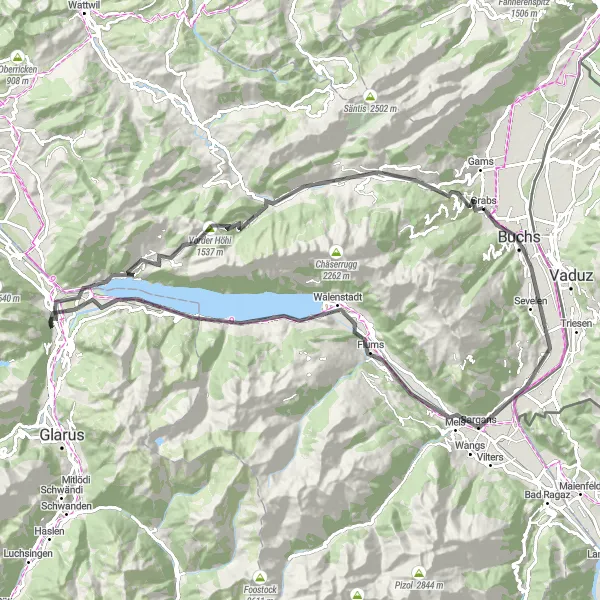 Zemljevid v pomanjšavi "Raznolika cestna kolesarska potepanja" kolesarske inspiracije v Ostschweiz, Switzerland. Generirano z načrtovalcem kolesarskih poti Tarmacs.app