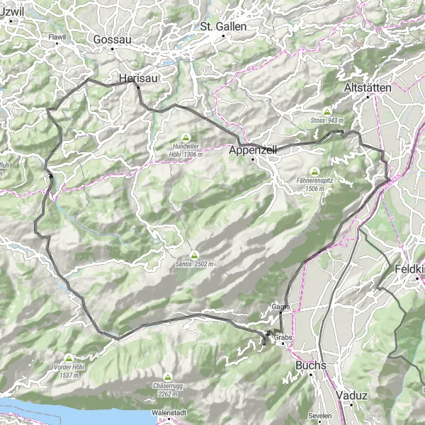 Kartminiatyr av "Churfirsten-Appenzell Panoramatour" cykelinspiration i Ostschweiz, Switzerland. Genererad av Tarmacs.app cykelruttplanerare