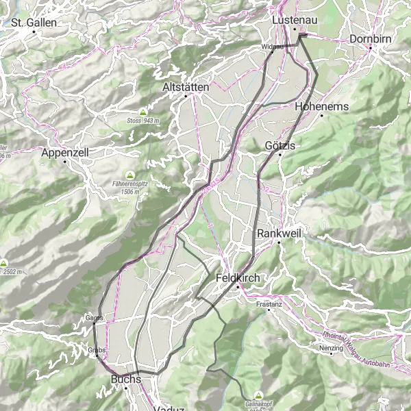 Miniatua del mapa de inspiración ciclista "Ruta escénica en bicicleta desde Grabs a Götzis" en Ostschweiz, Switzerland. Generado por Tarmacs.app planificador de rutas ciclistas
