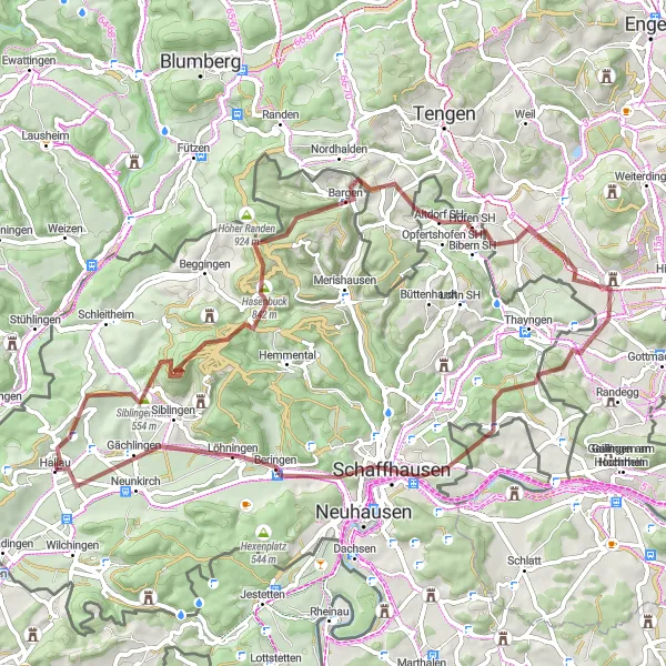 Miniaturní mapa "Gravelová trasa Siblingerhöhe a Ruine Randenburg od Hallau" inspirace pro cyklisty v oblasti Ostschweiz, Switzerland. Vytvořeno pomocí plánovače tras Tarmacs.app